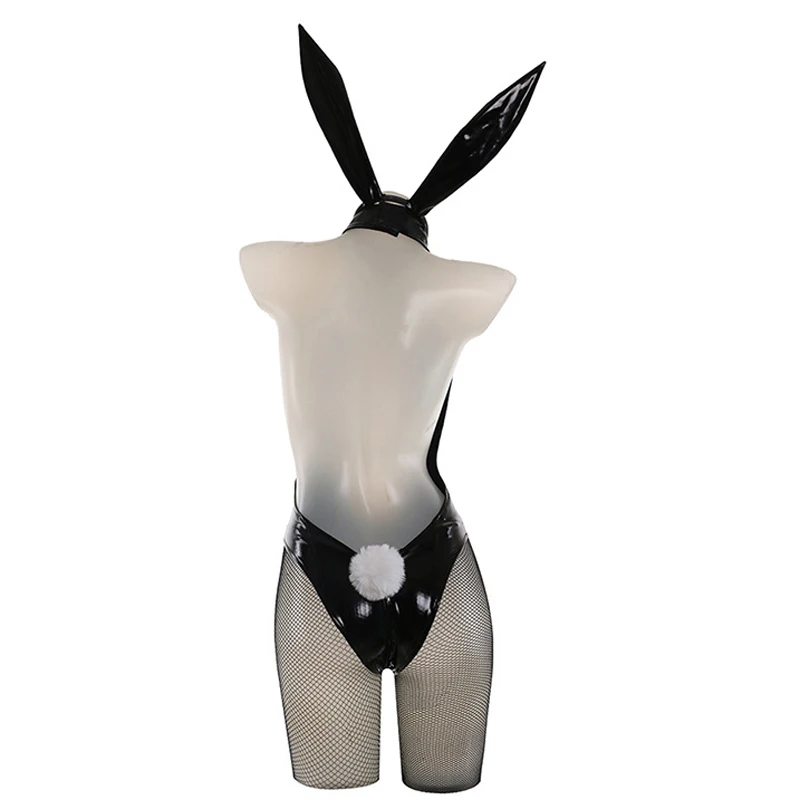 AniLV Japanese Illustration Bunny Girl Uniform Deep V-neck Hollow Leather Bodysuit Headband Mask Outfits Cosplay Costumes