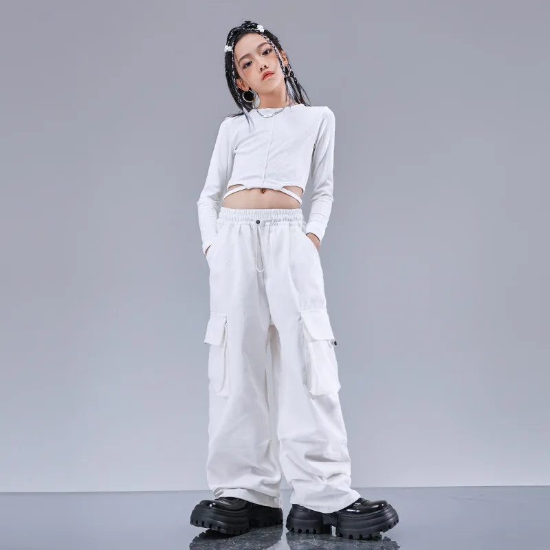 Teenager Kids Group Hip Hop Dance Performance Outfits Loose White Sequin Design Girls Jazz Walkout Clothes Set 10 12 13 14 Years