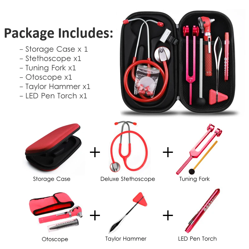 Red Medical Health Monitor EVA Storage Case Accessory Kit with Stethoscope Tuning Fork Reflex Hammer LED Penlight Torch Tool