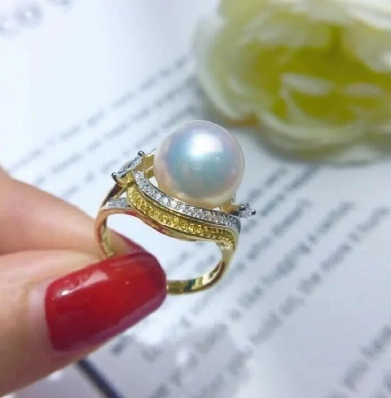 

Gorgeous giant AAAAA 10-11mm South China Sea white circular pearl ring 925S