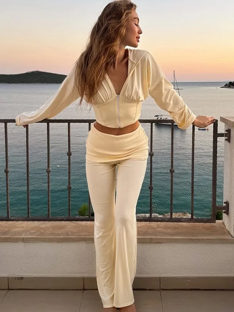 

Slim Fit Hooded Sweatirt And Long Pants Set Straight Leg Zipper mid Low Waist PVC Casual Faion Women's Clothing Set