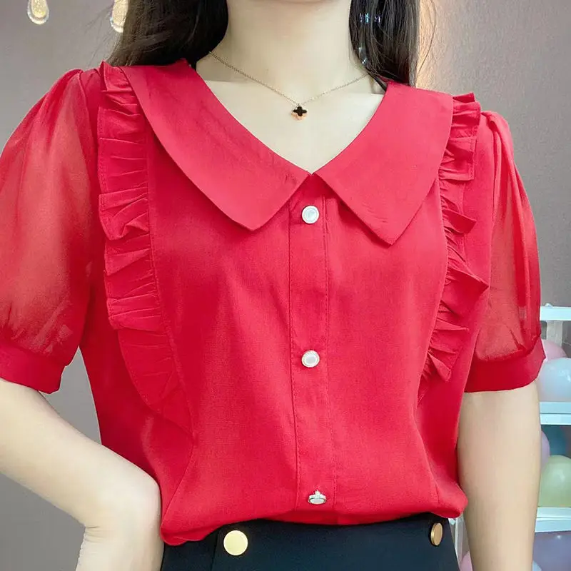 Sweet Peter Pan Collar Loose Folds Ruffles Blouse Women\'s Clothing 2023 Summer New Casual Pullovers Office Lady Chiffon Shirt