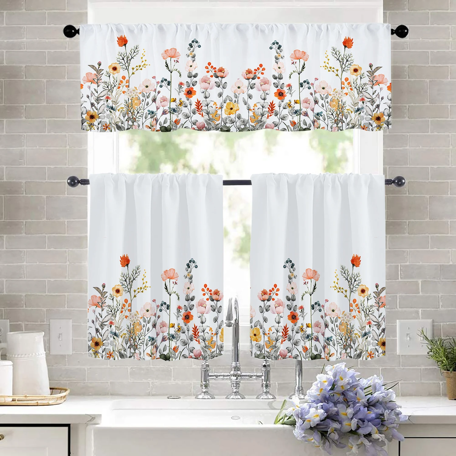 Spring Flowers Kitchen Curtain Valance - White Background Plants Rod Pocket Window Treatment 54x18 inch