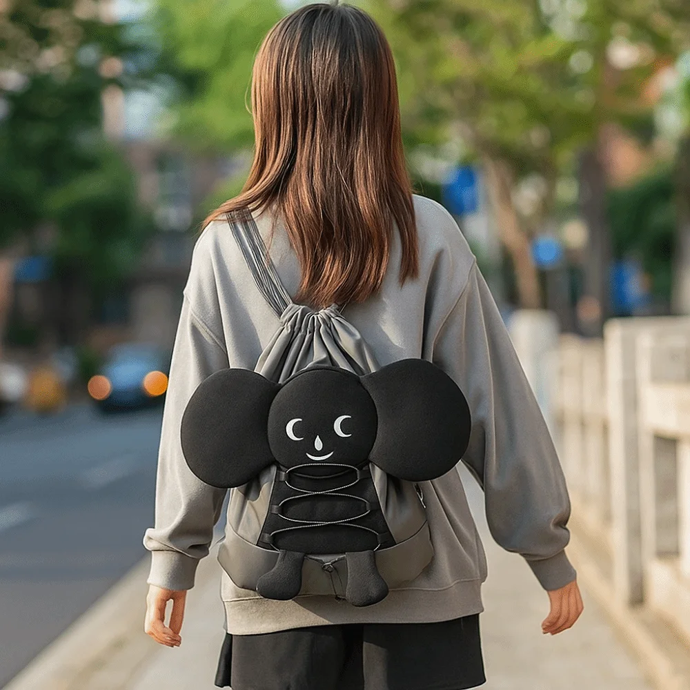 Trendy Casual Cartoon Backpack Drawstring Adorable Doll School Bag Large Capacity Lightweight Black Double Shoulder Bag Daily