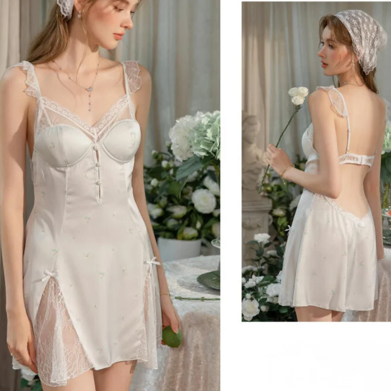 Sexy Satin Women Sleepwear Nightgown Print Sleeveless Home Wear Mini Length Lace V Neck Night Gowns Intimate Ligerie Nightwear 5