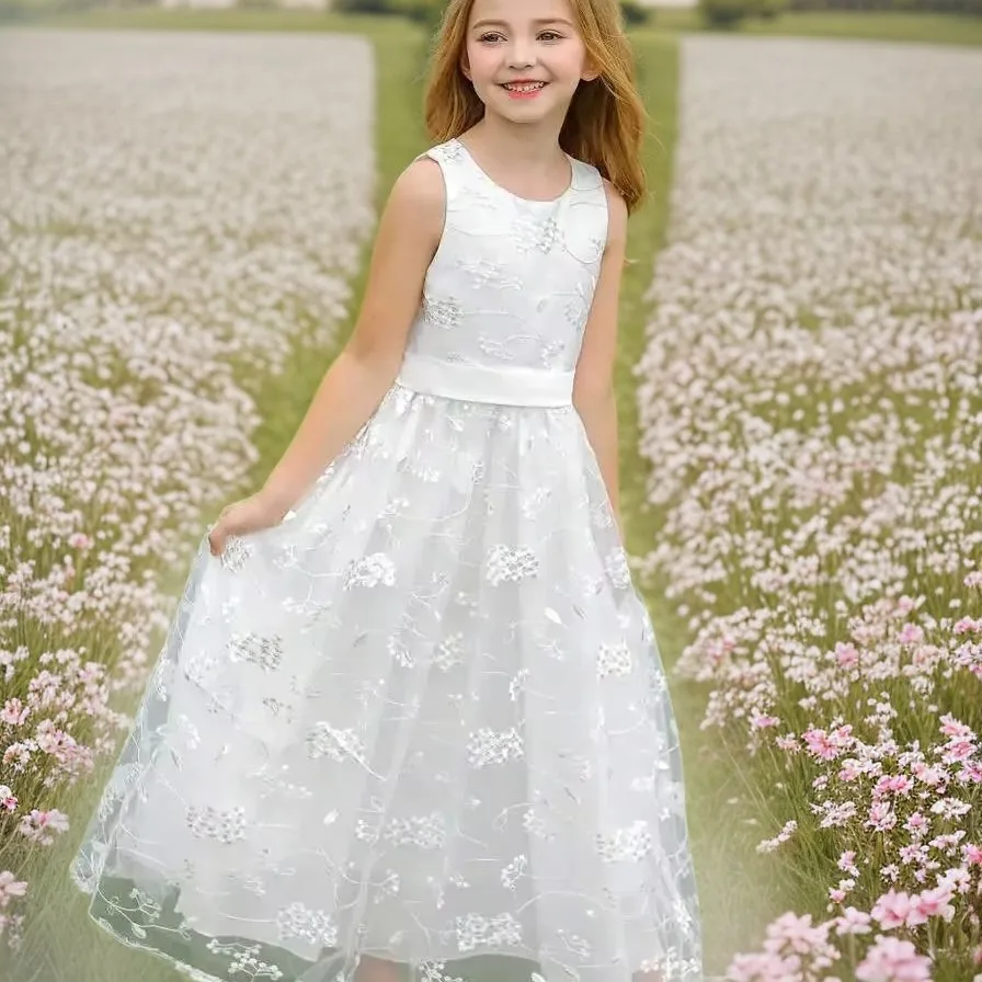 

Princess Flower Girl Dress Floral Lace Embroidery O-Neck Sleeveless Long Dresses A-Line Ankle-Length Communion Party Gowns 2-13Y