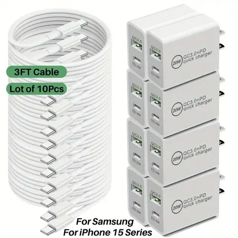 Lot de 10 câbles USB de type C pour Android et iPhone 15, 20W PD QC, chargeur rapide, adaptateur secteur