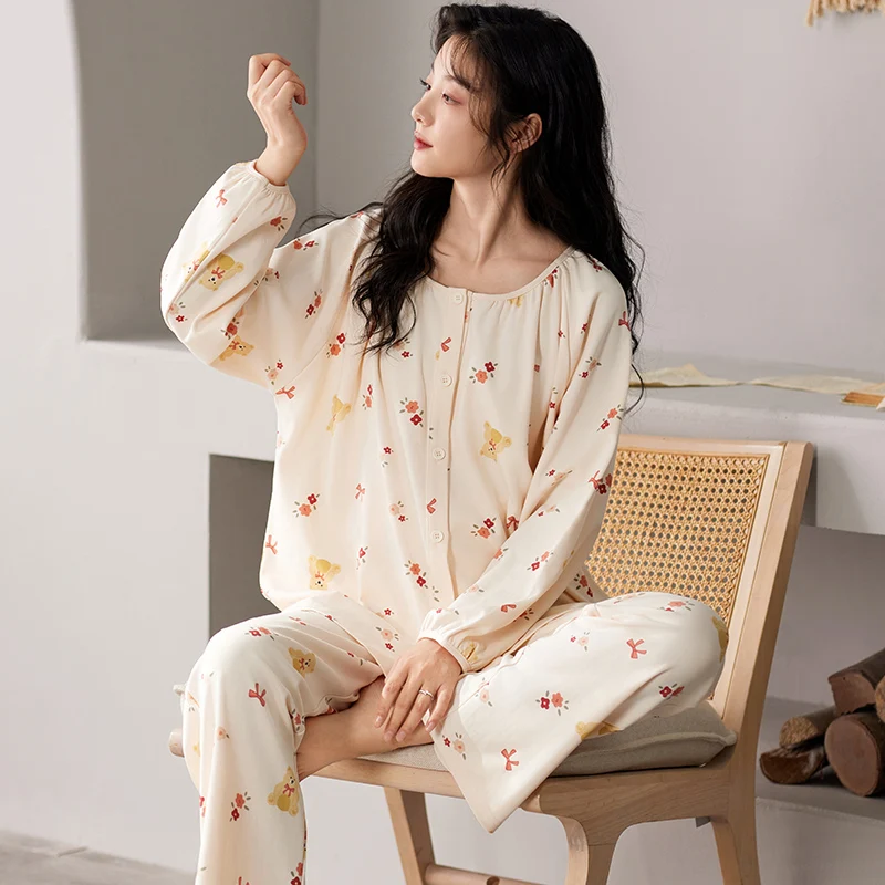 Bear Women Pajamas Sets Autumn Winter Long Sleeves Long Pants Cute Kawaii Sleepwear Soft Pyjamas Cozy Pijamas Girls Button Woman