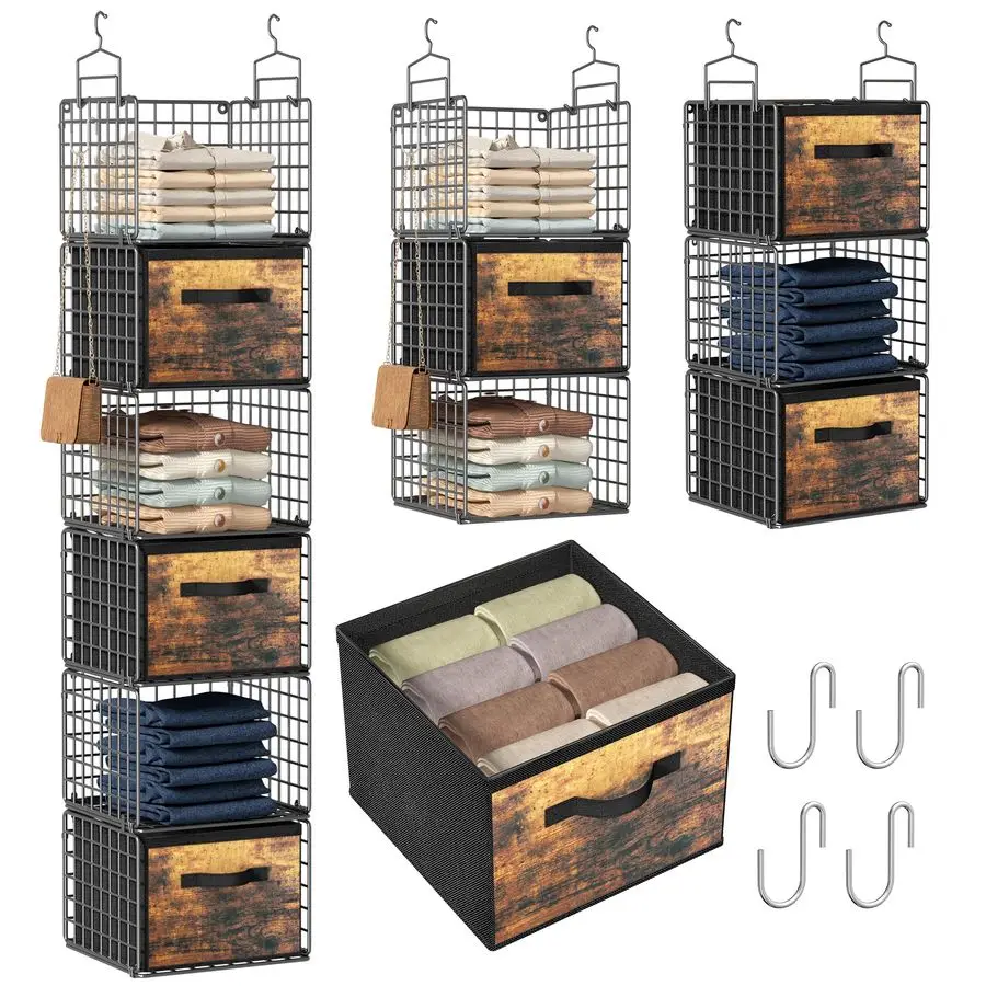 

Hanging Organizer with Drawers, 6 Tier Metal Closet Organizers and Storage with 4 Hanging Hooks 4 SHooks for Wardrobe Laundry R