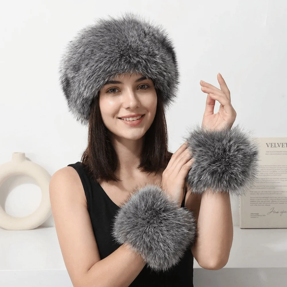 3Pcs/Set Retro Elastic Wide Fur Cuffs Hat Soft Furry Headband Wristband Set Windproof Empty Top Cap Warm Thick Hairband Adult 2
