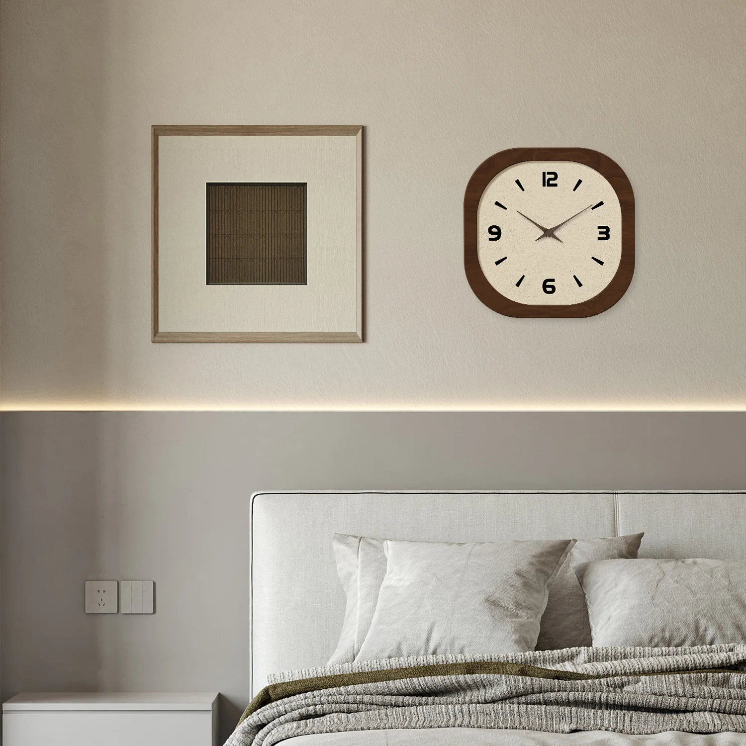 French-Style Retro Cream Crystal Porcelain Square-Shaped Simple Pattern Wooden Wall Clock for Living Room, Bedroom, Kitchen, Home Decoration, Silent