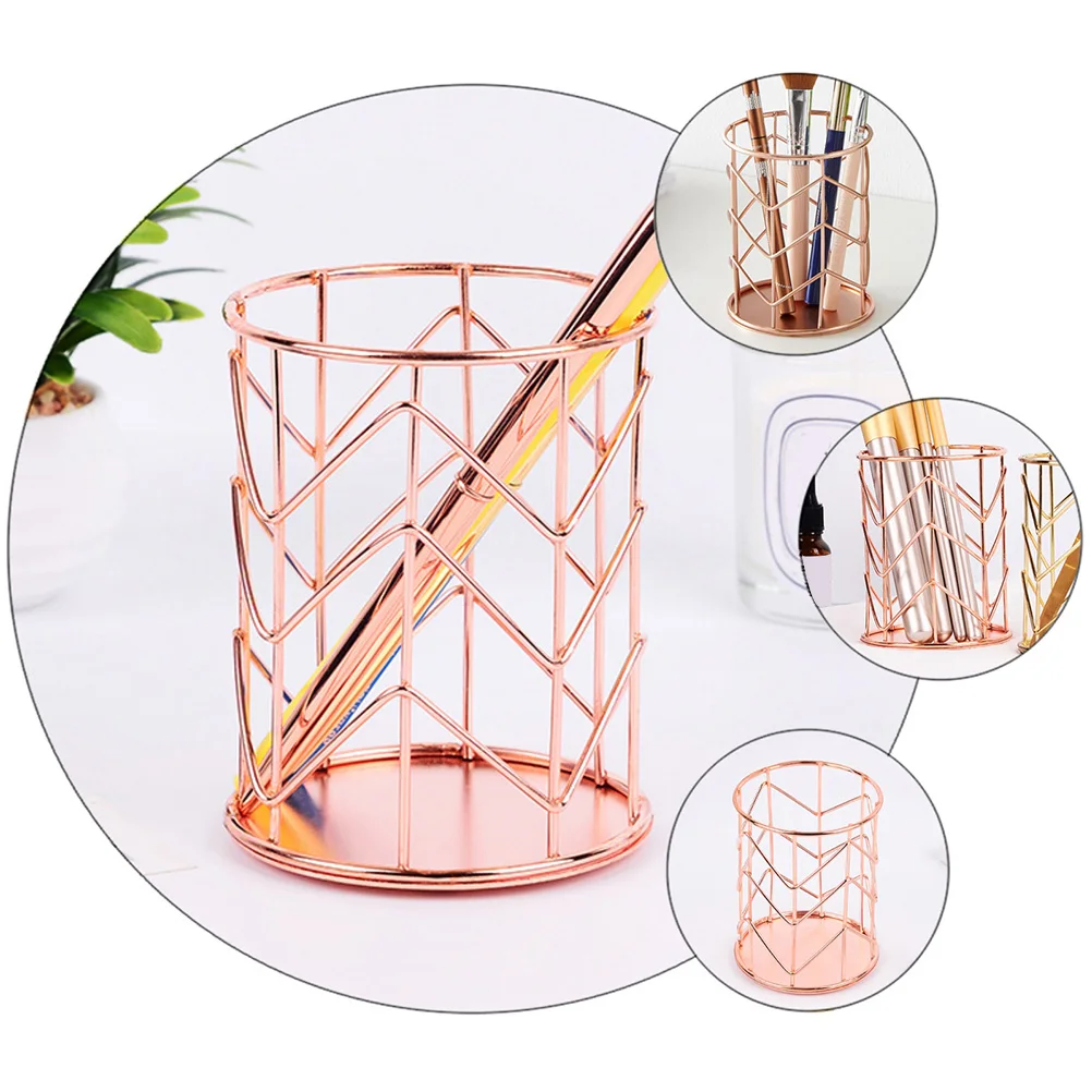 

1pc Gold Plated Iron Pen Holder Rustproof Desktop Organizer Makeup Brush Container Simple Office Storage Multipurpose