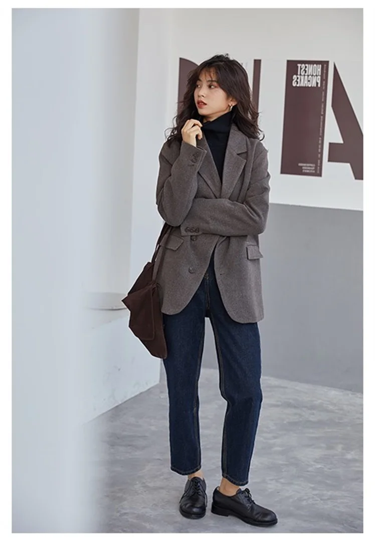 Herbst und Winter im koreanischen Stil graubraun lässig Damen Woll anzug Jacke im britischen Stil lockeres kurzes Blazer verdicktes Mantel oberteil