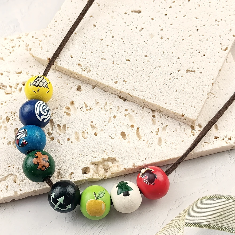 Handmade Painted Wooden Bead Choker Necklace, Game Outer Wilds Lucky Symbol Printed Wood Bead Chain, Retro Cosplay Decorative