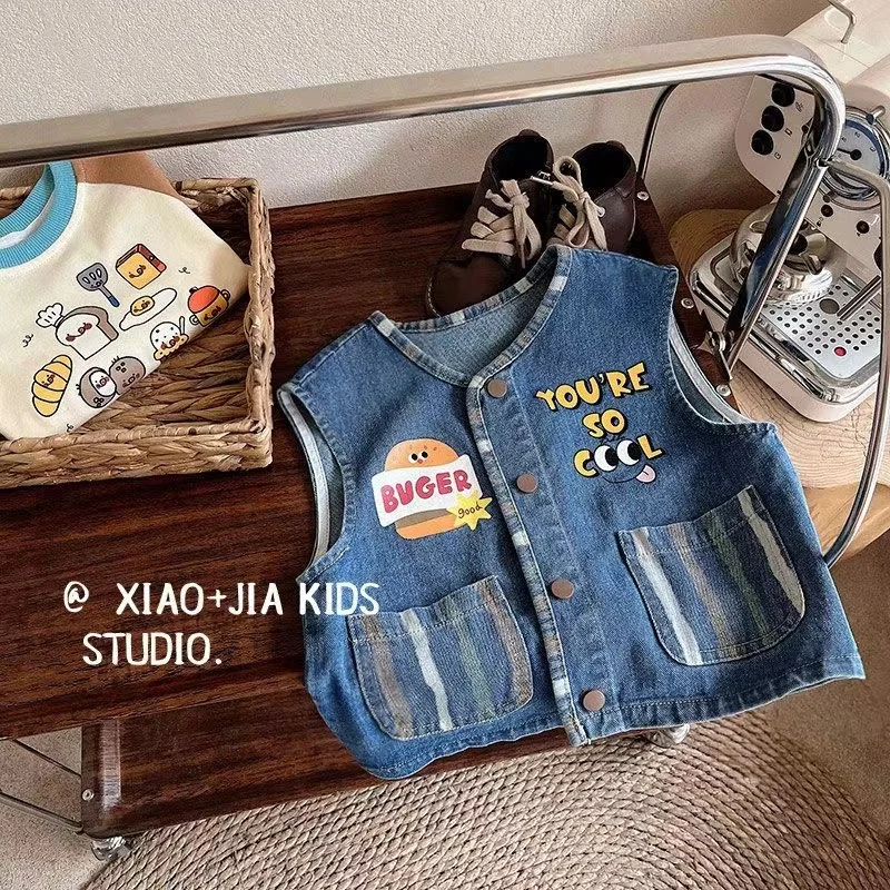 Can Love Hamburger Printed Denim Vest For Children With Boys and Girls Handsome Sleeveless Spring and Autumn Clip Back Heart