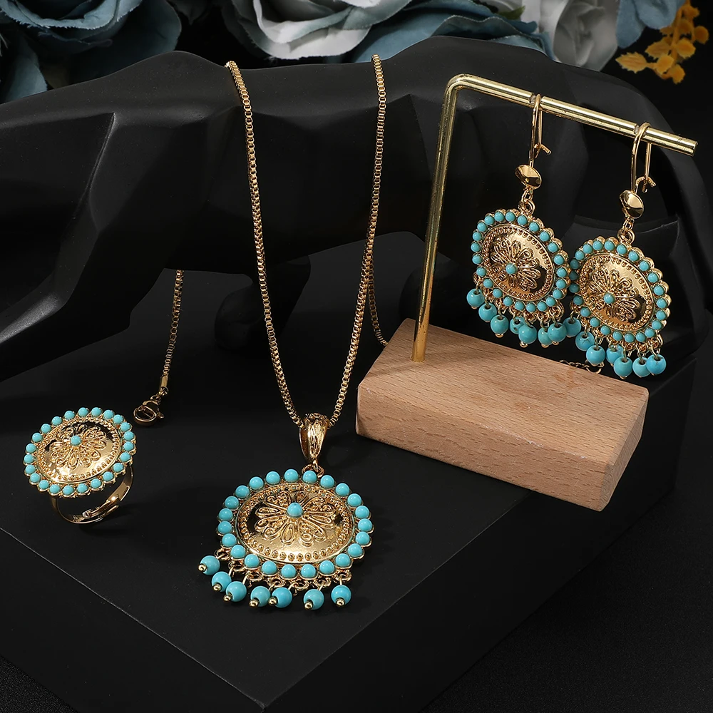 Arab Hot sale Jewelry Sets bohemian tassel pendant Necklace Earring Ring  Set stainless steel golden  for Women Wedding jewelry
