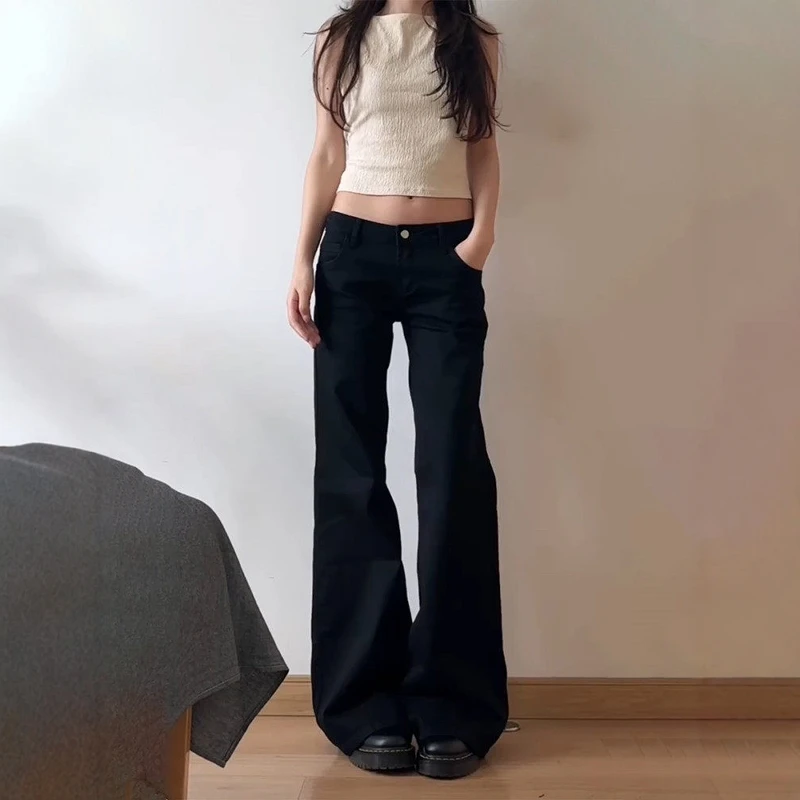 

American Retro Black Spicy Girl Wide Leg Micro Flared Jeans Women Tall Loose Slimming Bell Bottom Pants Casual High Waist Zip...