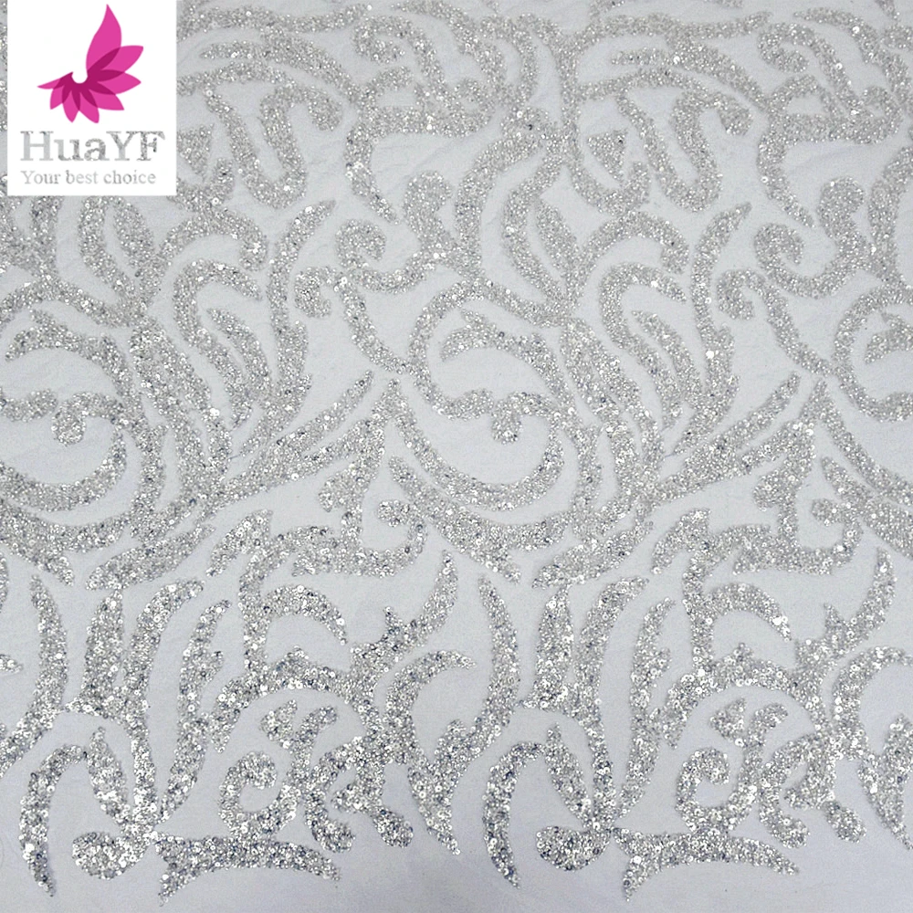 

Sparkle luxury beaded wedding dress decoration sequence lace sequins fabric embroidered mesh evening dress 5 Yards HY2224