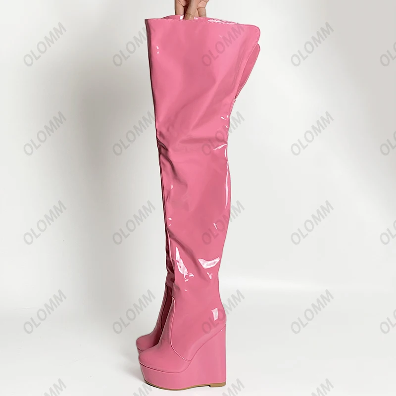 Olomm Handwork Women Shiny Platform Thigh Boots Side Zipper Wedges Heel Round Toe 10 Colors Party Shoes Women Plus US Size 5-20 view 2