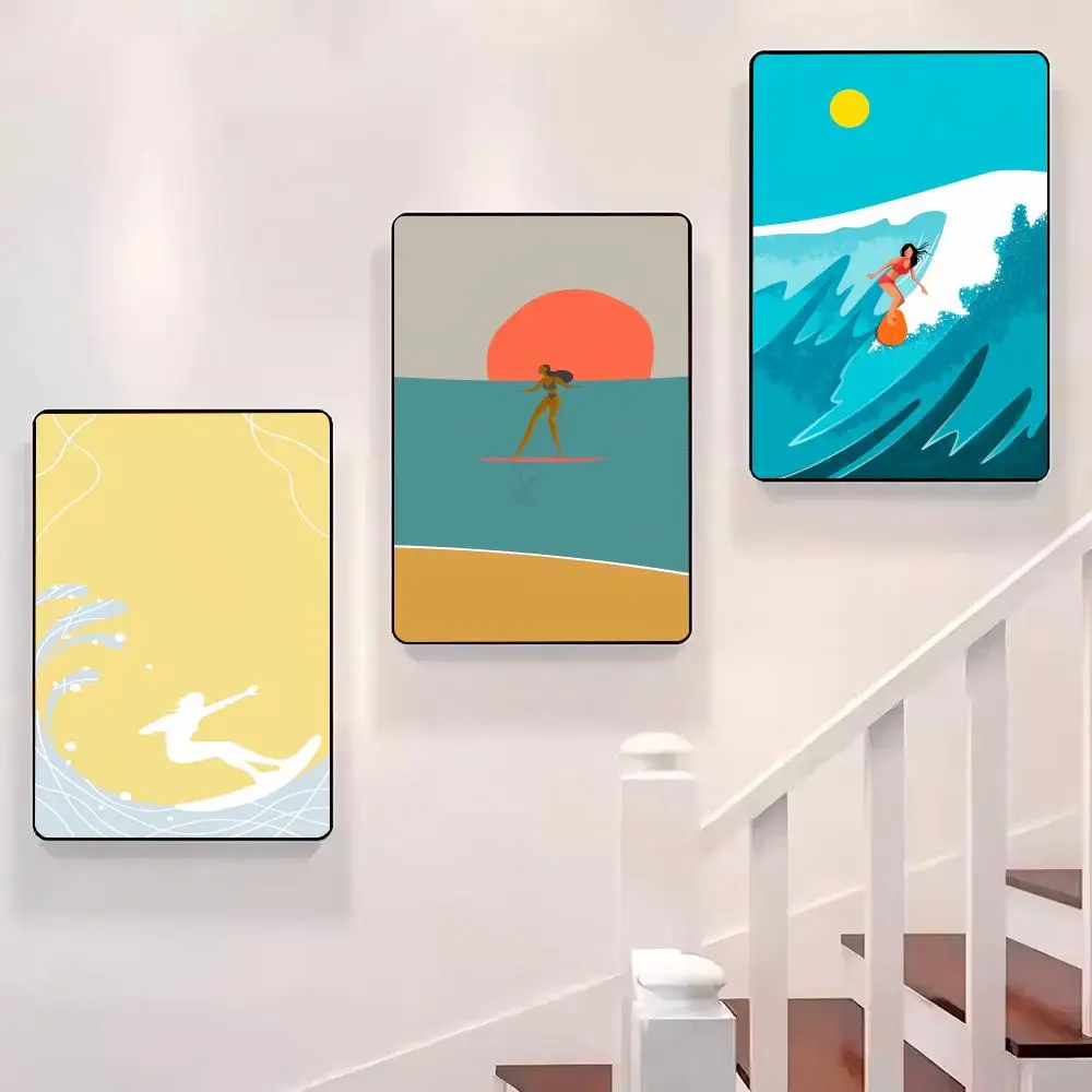 

Surfing Girl Beach Sunset Poster Sticky Wall Waterproof Home Living Room Bedroom Bar Aesthetic Decoration Perfect Gift