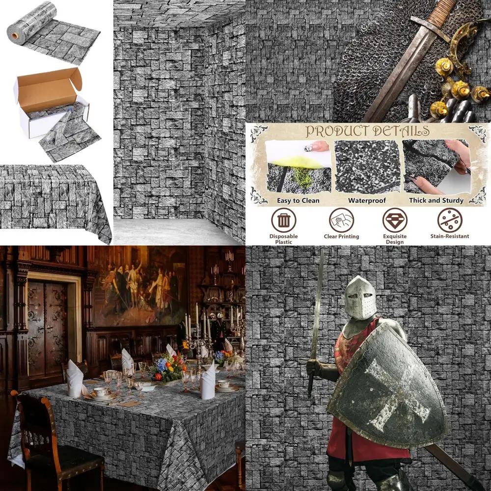 

Disposable Plastic Tablecloth Roll, 300ft x 54in Stone Wall Pattern, Medieval Brick Floor Wall Background, with Cutter Box