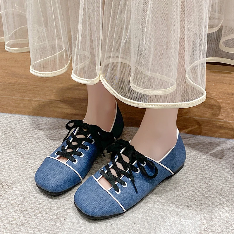 

Синие джинсовые туфли Мэри Джейн на шнуровке, новые женские весенние туфли с квадратным носком, глубоким вырезом, мягкая подошва, противоскользящие, износостойкие одинарные туфли