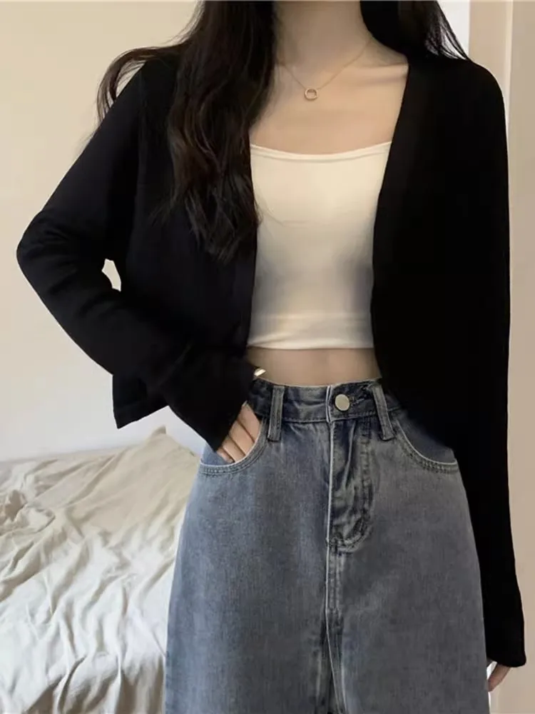 

Black Knitted Cardigan Shoulder Wrap Women's Spring Autumn plus Size Fat MM Outer Short Coat Jacket Casual Loose Style