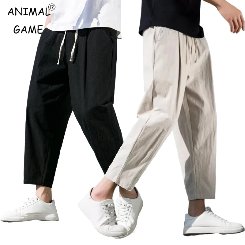 

Linen Cotton Sweatpants Men Lightweight Solid Color Breathable Joggers Baggy Streetwear Long Trousers