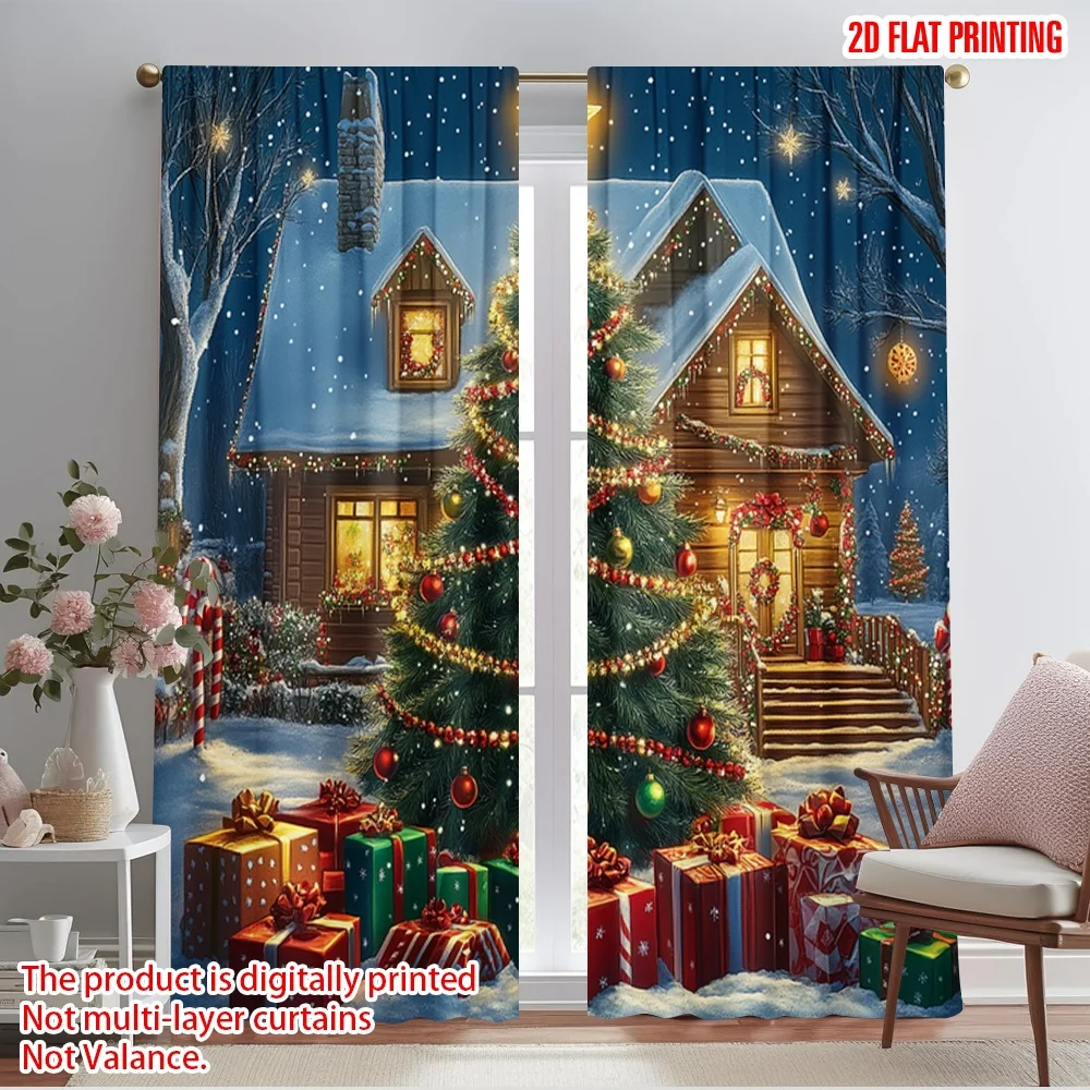 2pcs,2D plane printing Curtain Fabric Christmas Tree Presents Cozy Home (3) Versatile Durable Polyester (without rod) Gifts Use