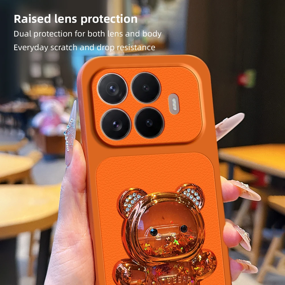 Funda de Teléfono con Soporte de Oso 3D y Textura de Litchi para Xiaomi 17T 17 Pro Max 15 Ultra 15T 14T 13T 12 con Cuerd