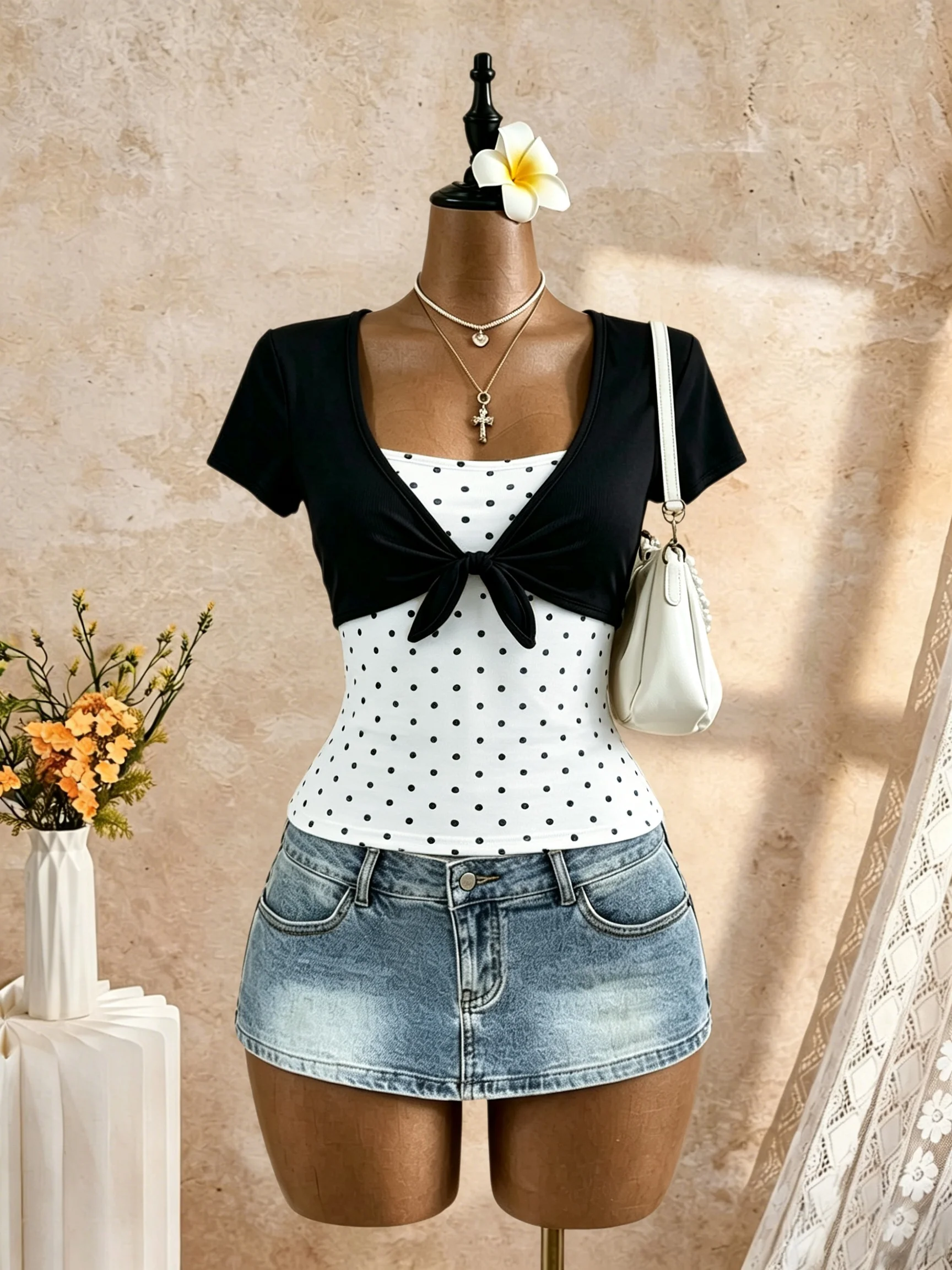 Damen-Outfit, bestehend aus zwei Teilen: kurzes Oberteil mit kurzen Ärmeln und vorne gebundenem Kragen sowie einem Tanktop mit Polka-Dot-Muster, figurbetont, lässig, für den Alltag und zum Ausgehen, zweiteiliges Oberteil. – Detail 1