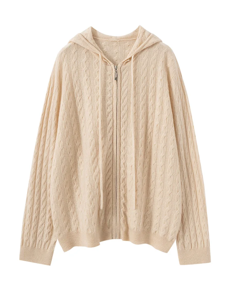 Chic Twisted Knit Sweater 100% Cashmere Cardigan Women's Autumn Winter Luxury Hooded Zipper Casual Loose Coat New Fashion Tops