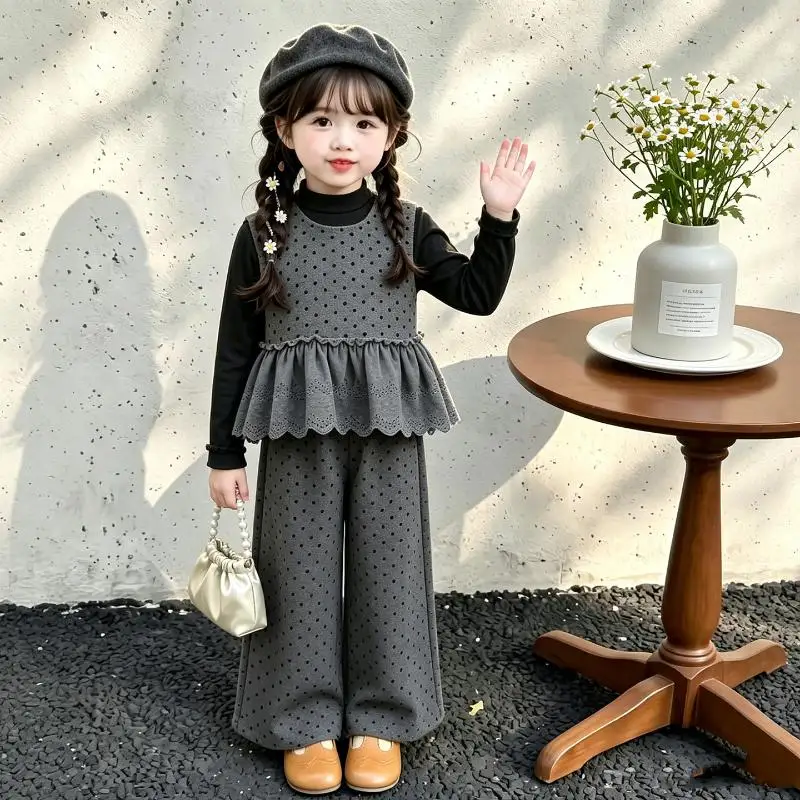 Girls Long Sleeved Undershirt Vest Straight Leg Pants Set Spring Autumn New Item Vest Polka Dot Wide Leg Pants Three Piece Set