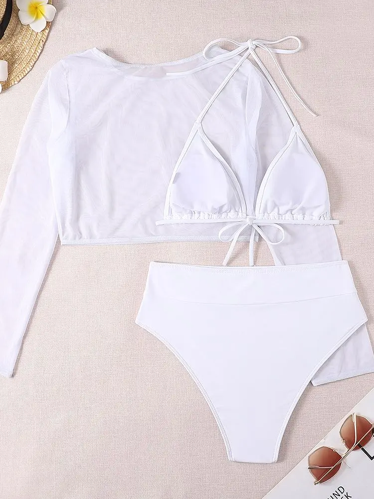 Summer Women Triangle Three-Piece Suit Sexy High Waisted Bikini Set Bandage Push-Up Swimsuit Bathing Long Sleeve Beach Holiday