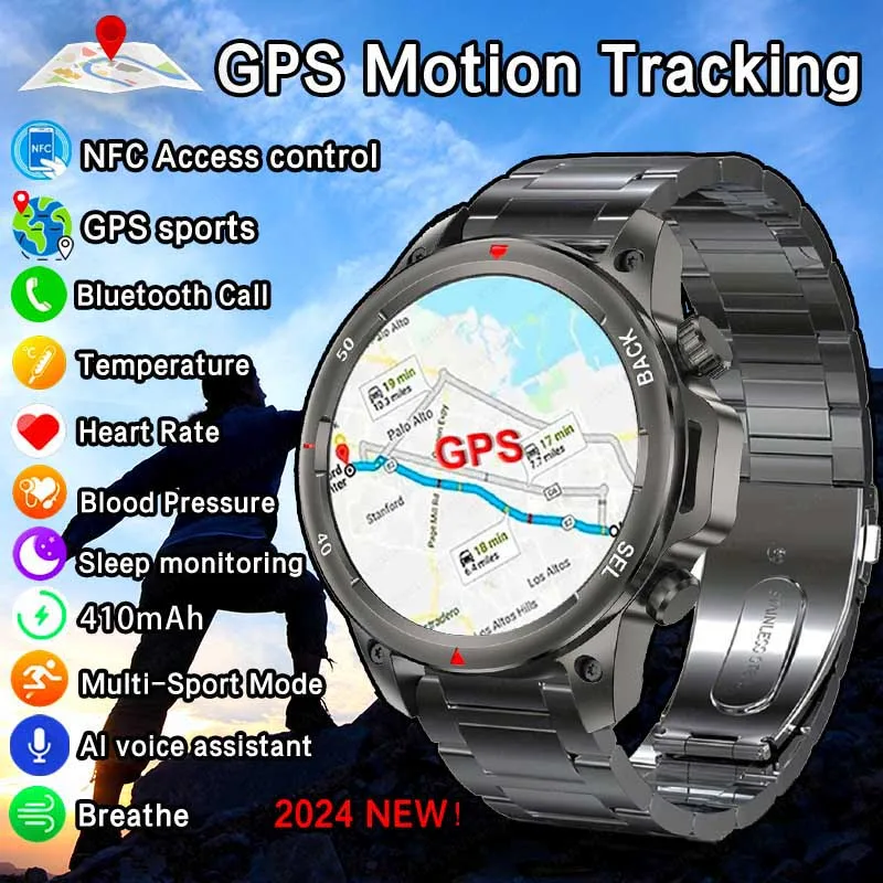 2024 New GPS Smart Watch Men LED Flashlight Outdoor Sports Fitness Tracking NFC Compass 410mah Large Battery BT Call smart watch