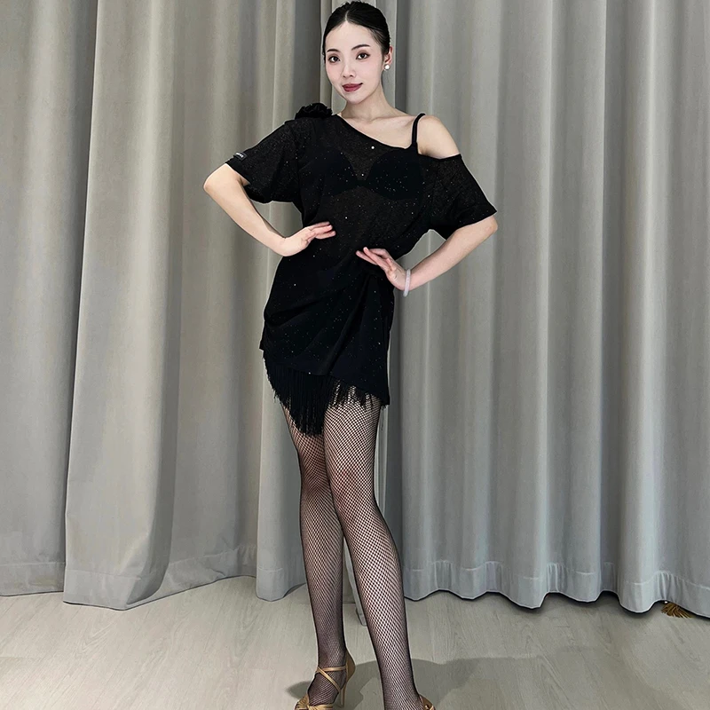 2024 Latin Dance Dress For Women Slant Shoulder Short Sleeve Loose Perspective Practice Clothes Chacha Latin Dance Wear DN18244