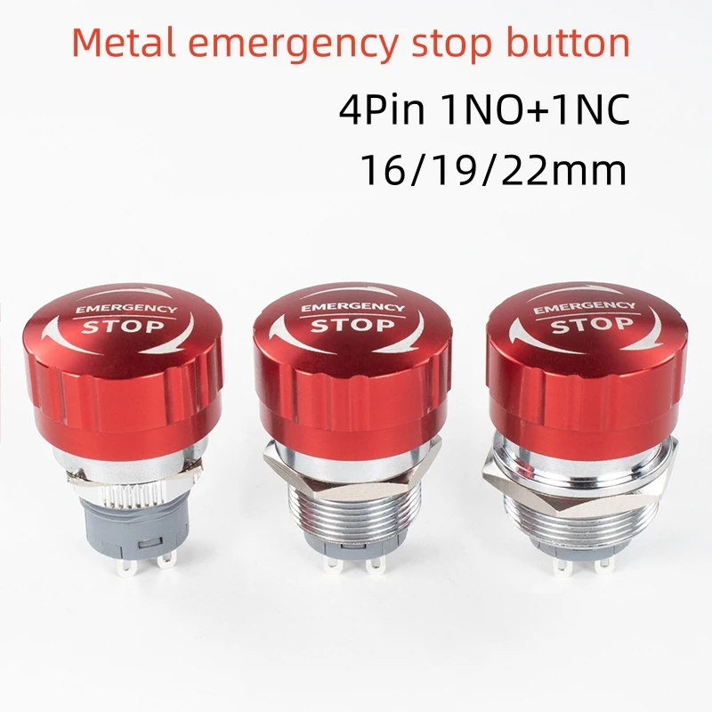 

1PCS Metal emergency stop button Mushroom head Emergency switch Self-locking stop Ultra-short power supply 16/19/22 mm