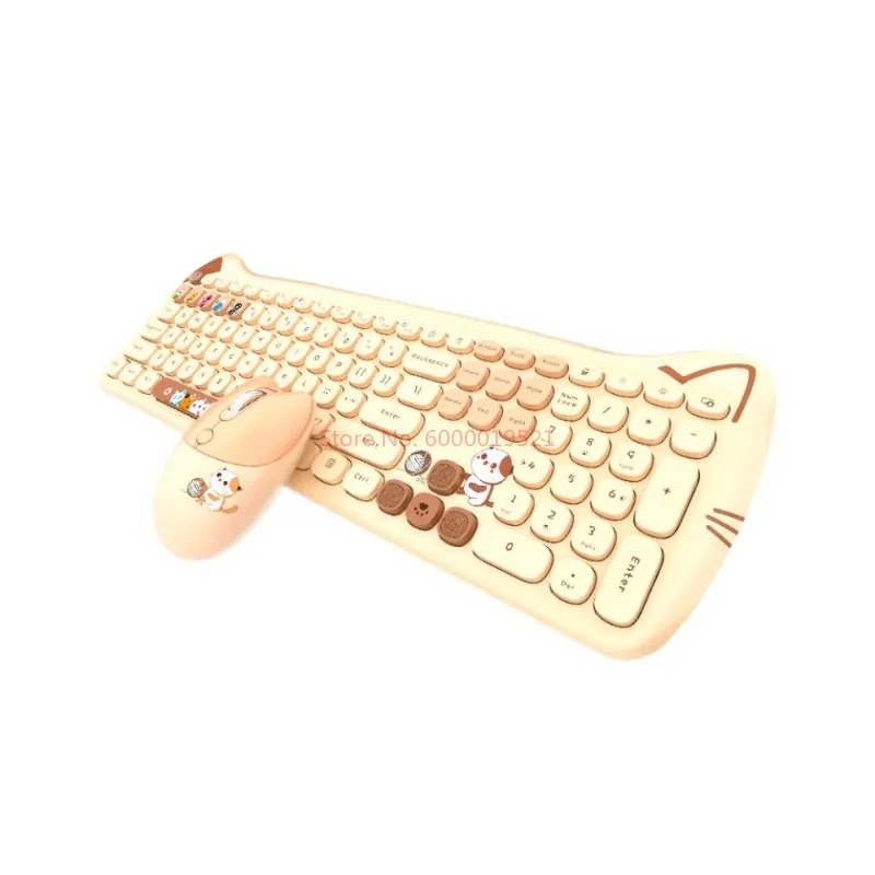 Imagem -05 - Conjunto de Teclado e Mouse sem Fio para Meninas Teclado Fofo de Escritório Formato de Orelha de Gato Botões de Chocolate Compatibilidade com Vários Sistemas