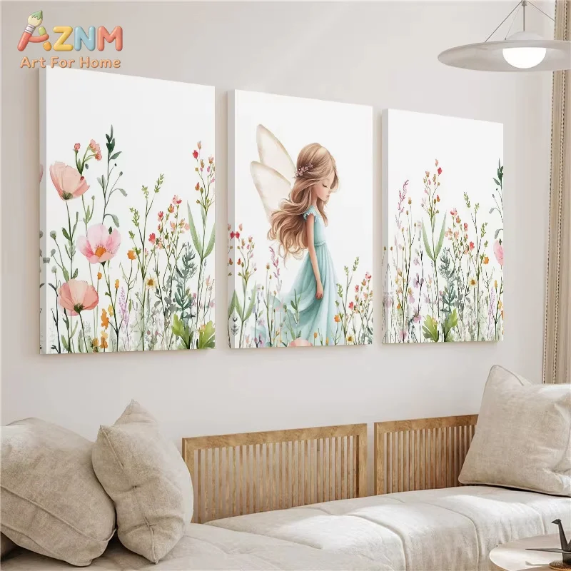 AZNM Fairy in Wildflower Canvas Print Painting Wall Art Living Room Bedroom Home Decoration Poster Birthday Baptism Gift