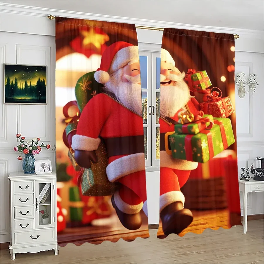 2PCS- Christmas Santa Claus Christmas tree pattern printed curtains, Christmas decorations, home decorations, room decorations