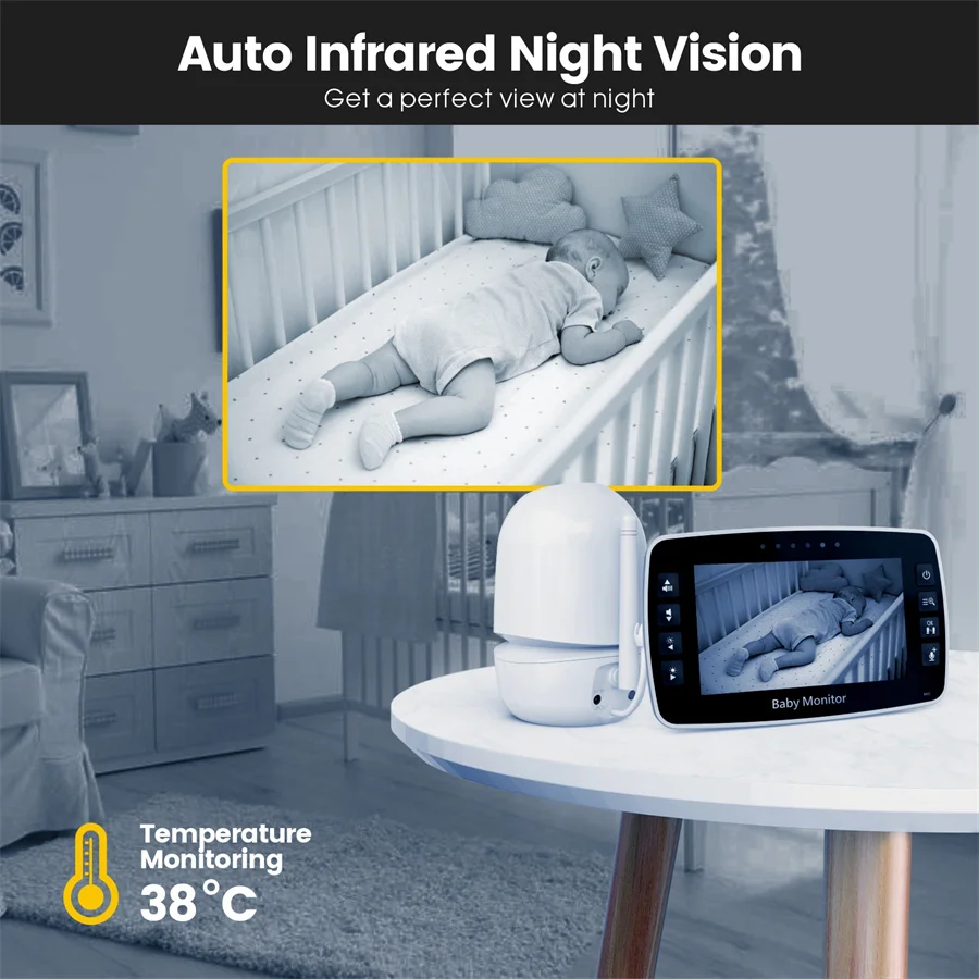 BabyStar-Wireless PTZ Baby Monitor, IPS Tela, Exibição de Temperatura, Nanny Cam, Longa Distância Baby Sitter Câmera, 4.3"