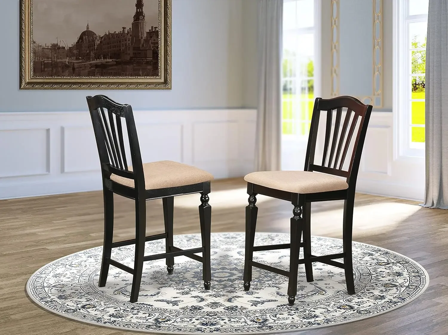 East West Furniture  Café Counter Height Kitchen Chairs - Linen Fabric Upholstered Solid Wood Chairs, Set of 2, Black