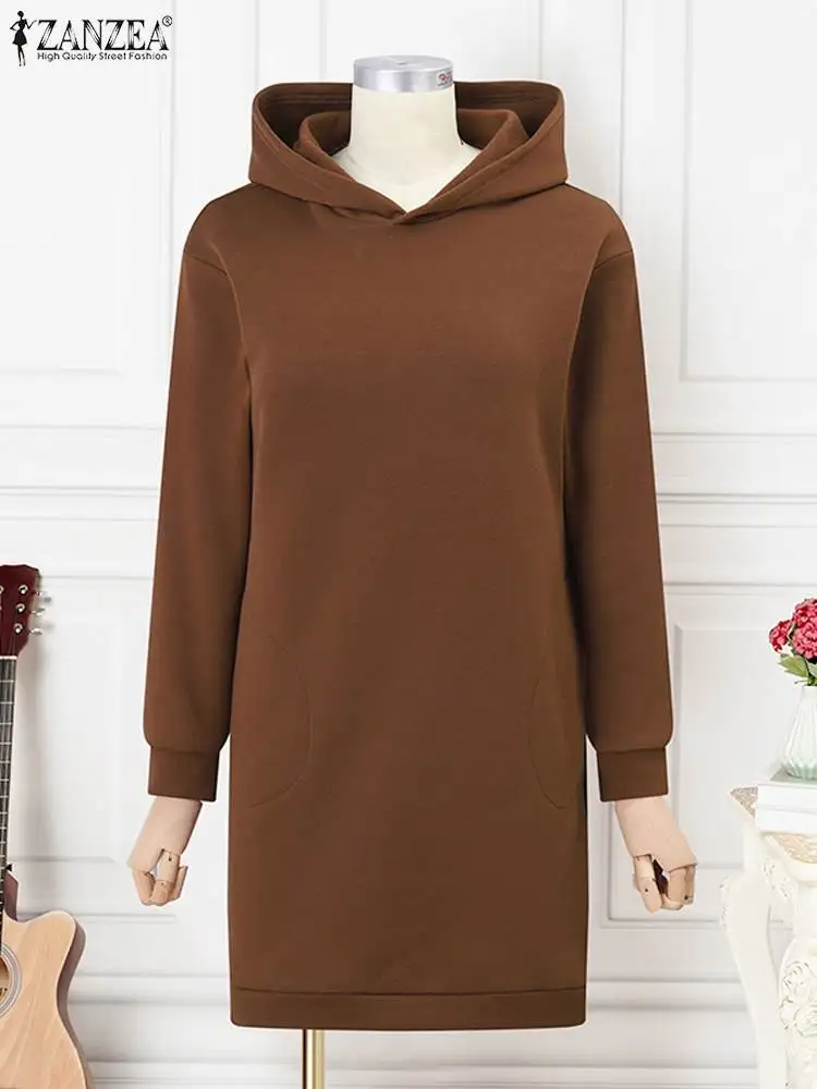 ZANZEA 2024 Autumn Fashion Hoodie Sweatshirt Dress Women Long Sleeve Pullover Mini Dresses Casual Loose Pocket Hooded Vestidos