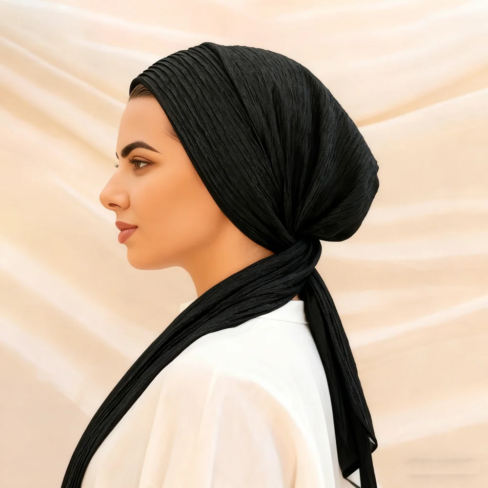New Long Tail Strap Hijab Turban Hats Muslim Solid Color Head Wraps Elastic Breathable Chemo Cap For Women Girls Turbante Mujer