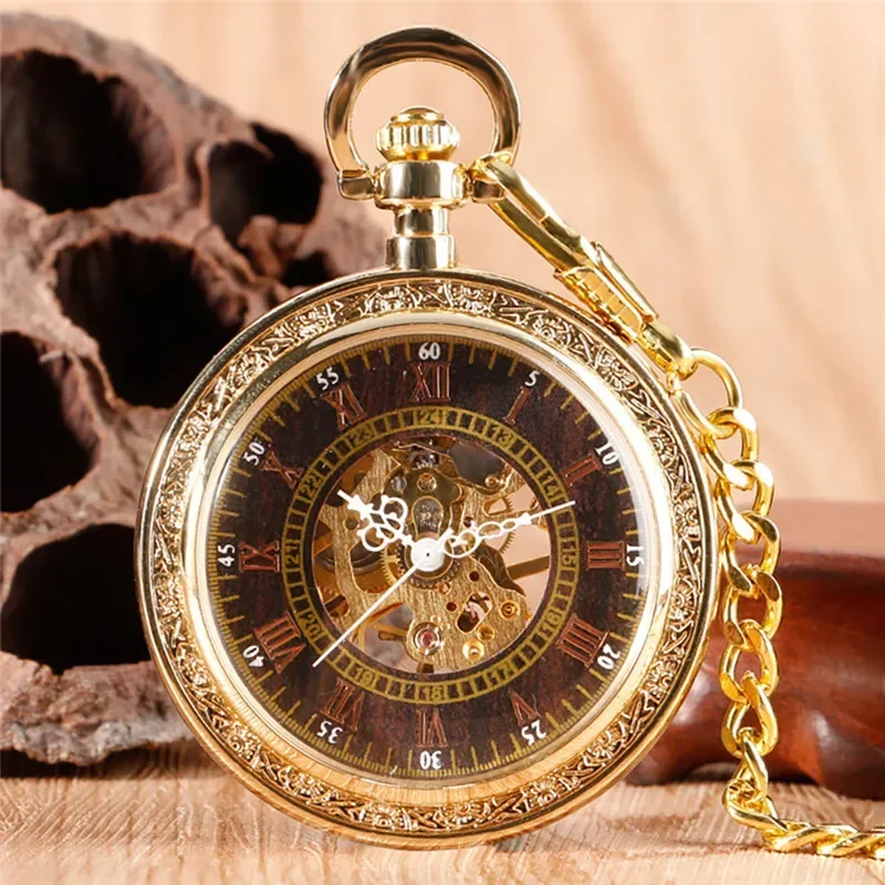 

Yellow Gold Pocket Watch Unisex Handwind Mechanical Watches Skeleton Clock Open Face with Pendant Chain Relgio De Bolso