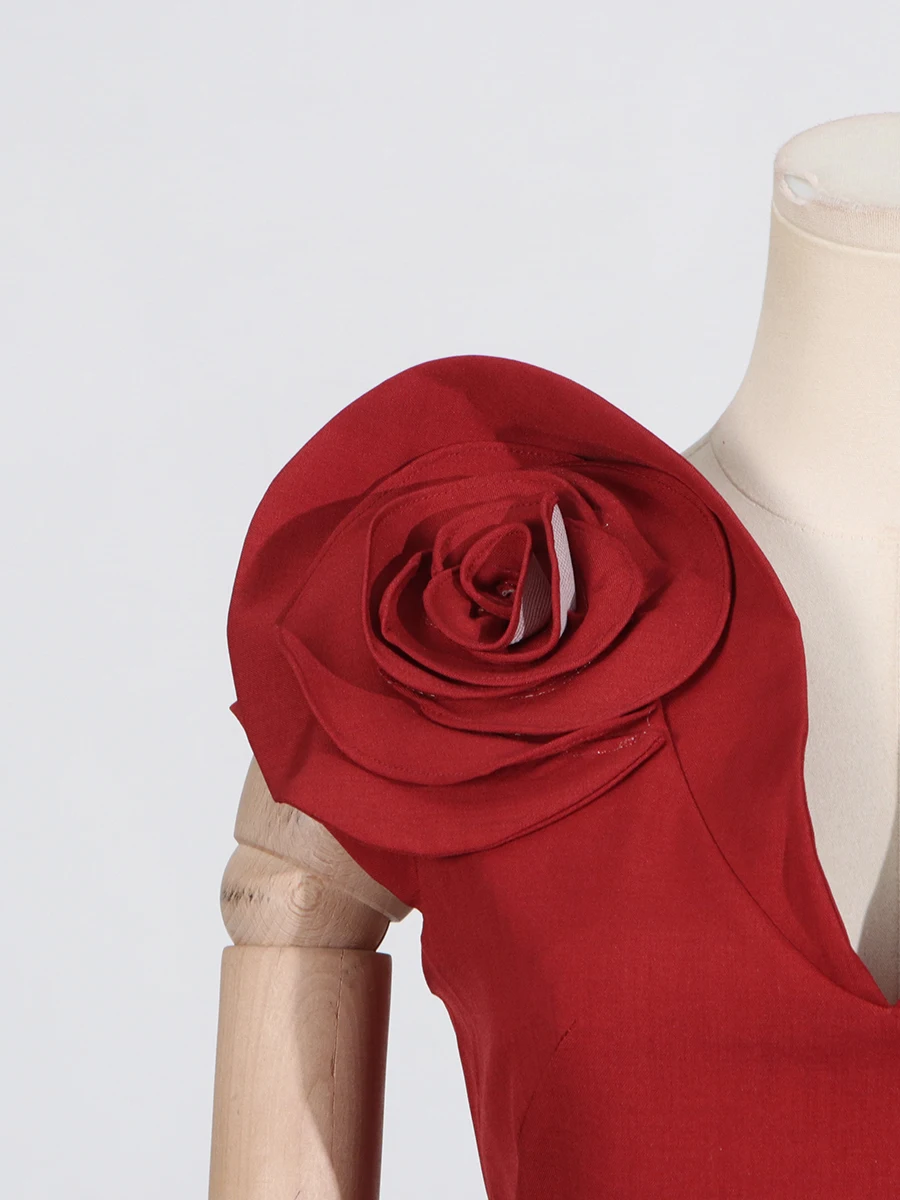 VGH Spliced Rose Backless Design Dress for Women V Neck Short Sleeve High Waist Patchwork Lace Up Folds Long Dresses Female New