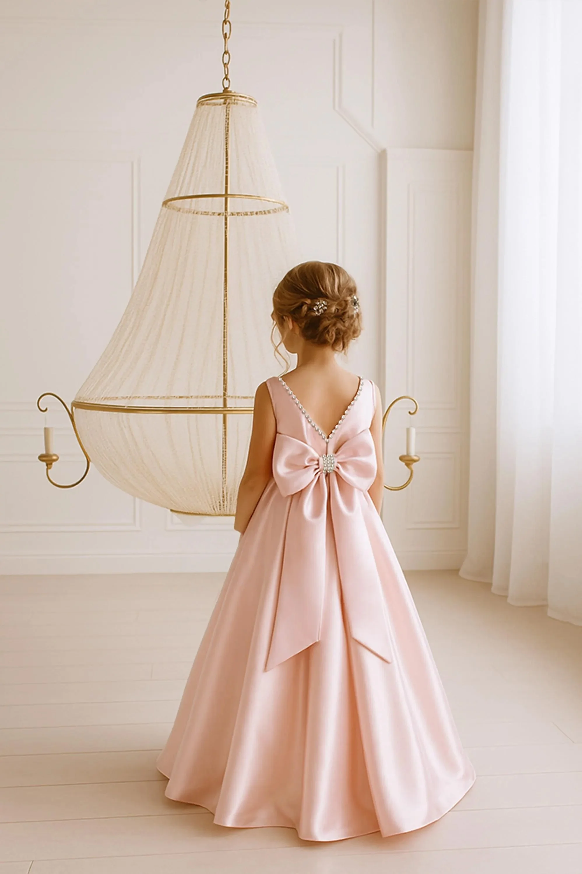 

2026 Summer Pink Satin Flower Girl Dress Sleeveless V-Shape Backless Diamond Dress Girls First Communion Dress Wedding Dress