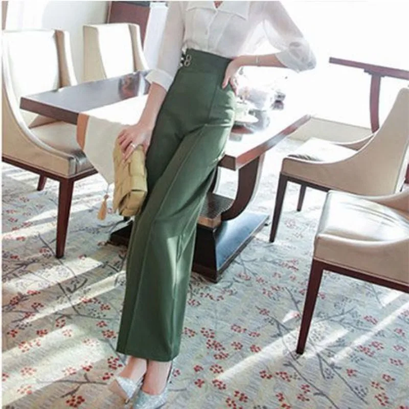 Calças de perna larga para mulheres com cintura alta outono novo estilo elegante magro e versátil calças soltas para mulher