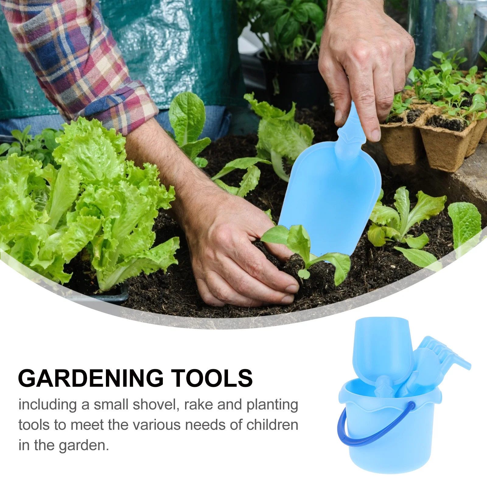 Juego de jardinería para niños, incluye pala para arena, cubo de agua, rastrillo pequeño, perfecto para jardinería y plantar al aire libre, 1 Juego