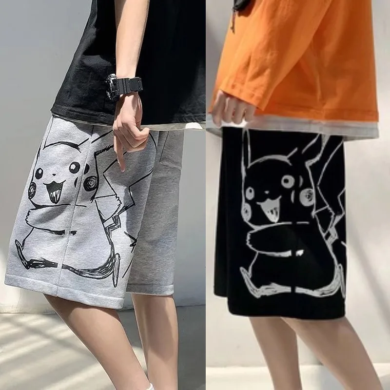 Oversized Men Casual Shorts American Japanese Anime Cute Pikachu Strokes Print Shorts Five-point Shorts Basketball Short Pants